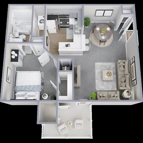 A 3D floor plan of a house showing a kitchen, living room, dining room, and two bedrooms.
